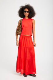 Red Silk Tiered Maxi Skirt