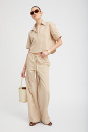 Camel Stripe Linen Drawstring Pants