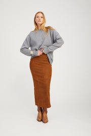 Dark Cognac Suede Maxi Tube Skirt