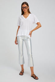 Metallic Silver Leather Crop Flare