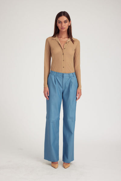 Chambray Blue Leather Pleated Trousers