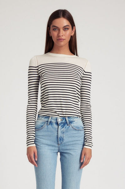 Striped Ivory Cashmere Fitted Crew Neck Sweater