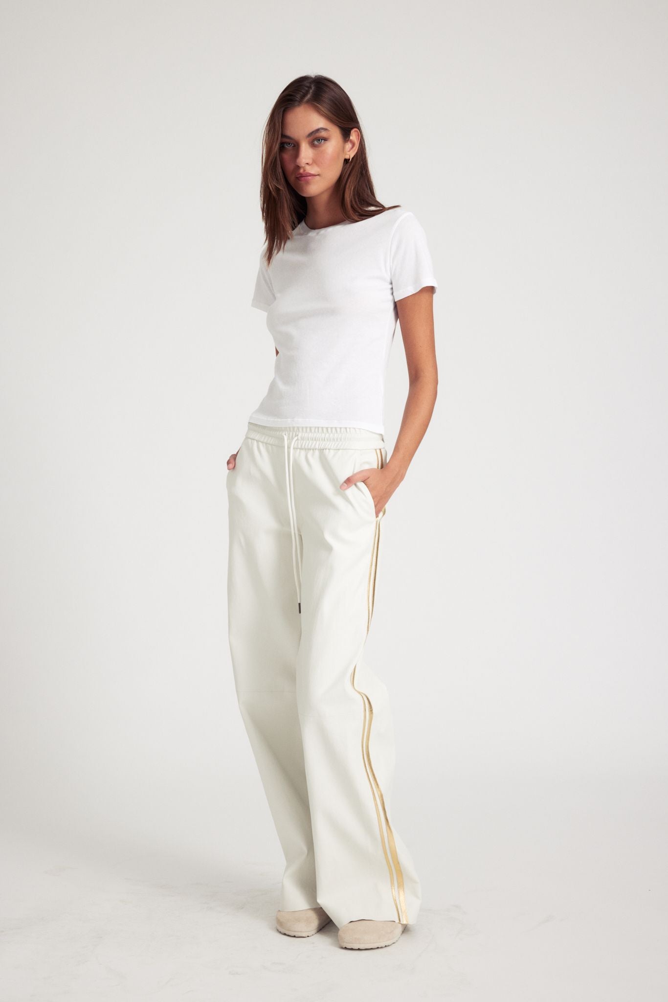 White Leather Athletic Drawstring Pants