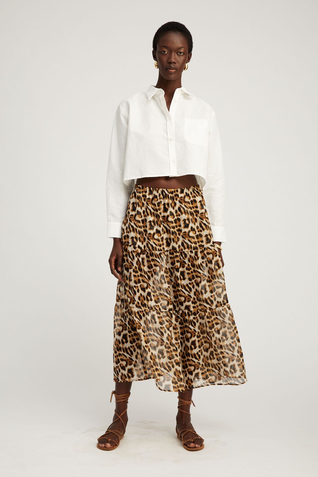 Leopard Silk Chiffon Ruffle Maxi Skirt