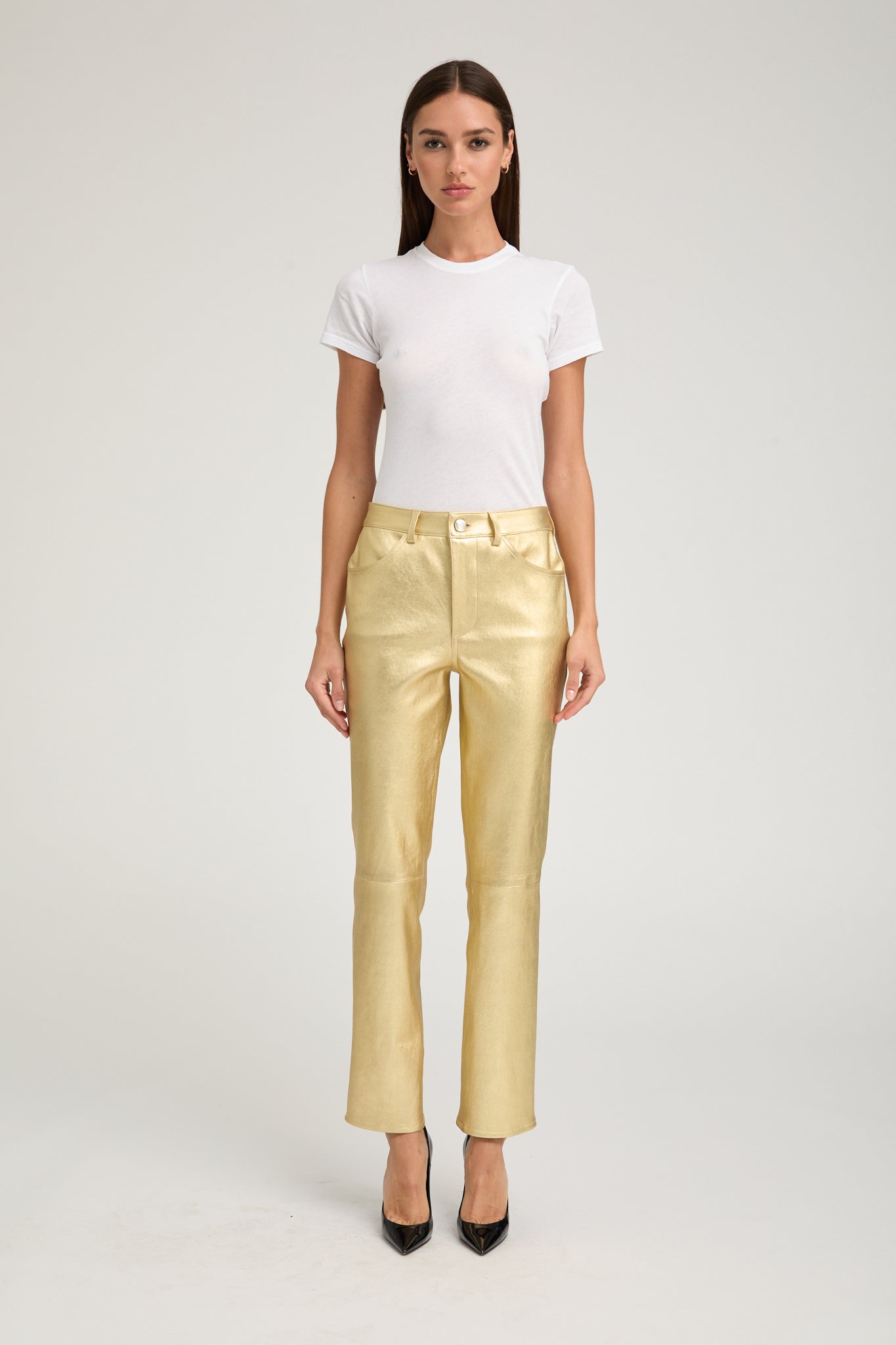 Metallic Gold Leather 5 Pocket Ankle Slim Straight