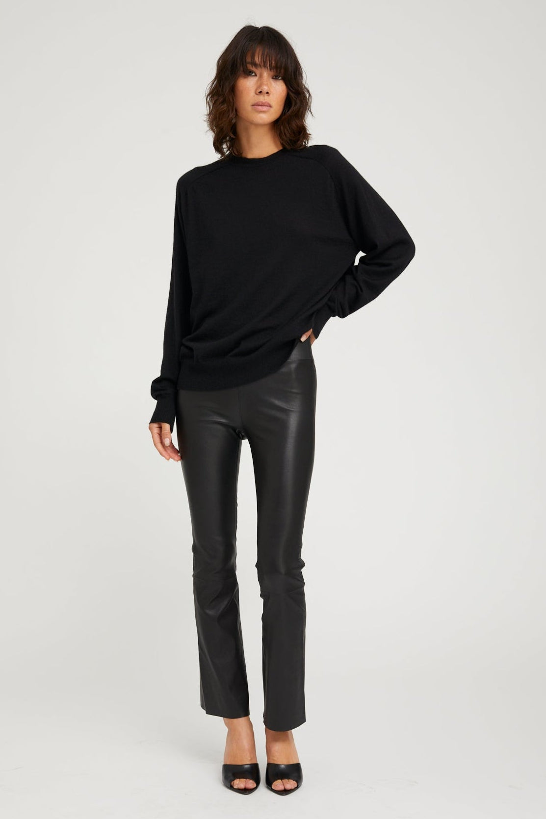 SPRWMN Ankle Crop Flare High Waist Leather Pants in Black