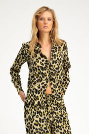 Green Leopard Silk Fitted Button Down