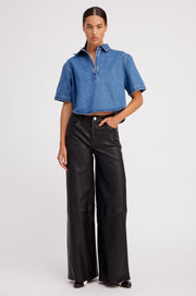 Black Leather 5 Pocket Wide Leg