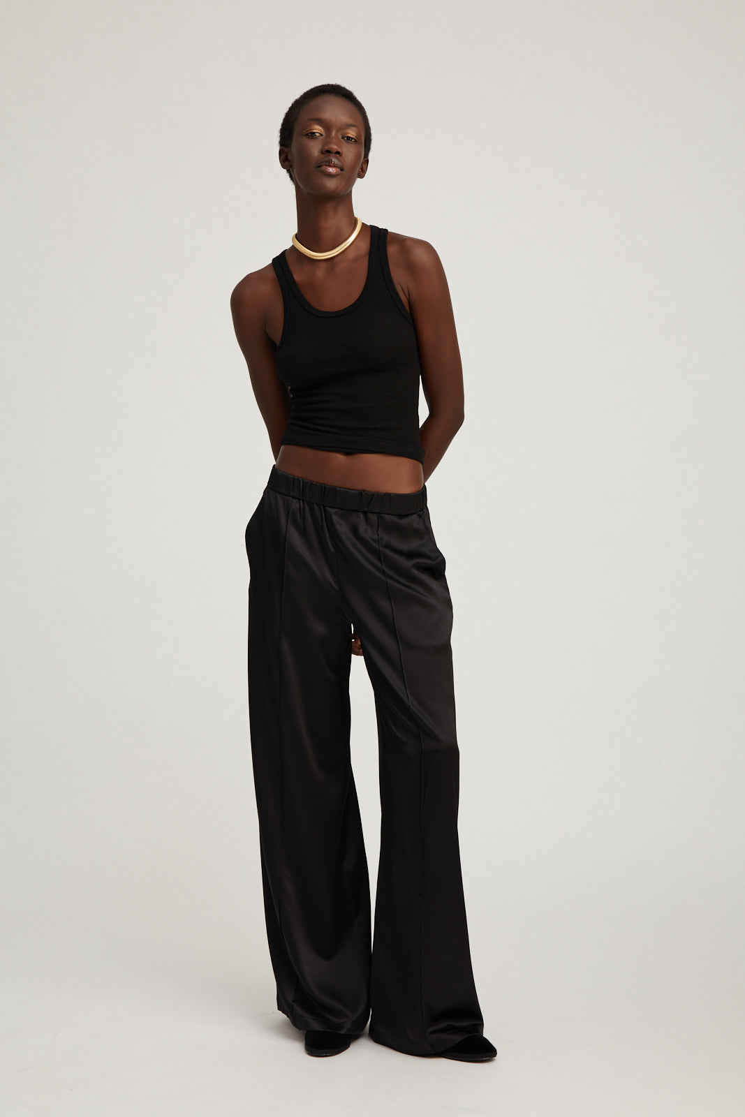 Black Silk Wide Leg Pintuck Pants