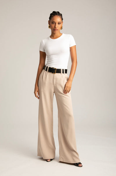 Beige Crepe Pleated Trouser