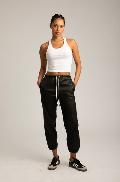 Black Leather Drawstring Sweatpants