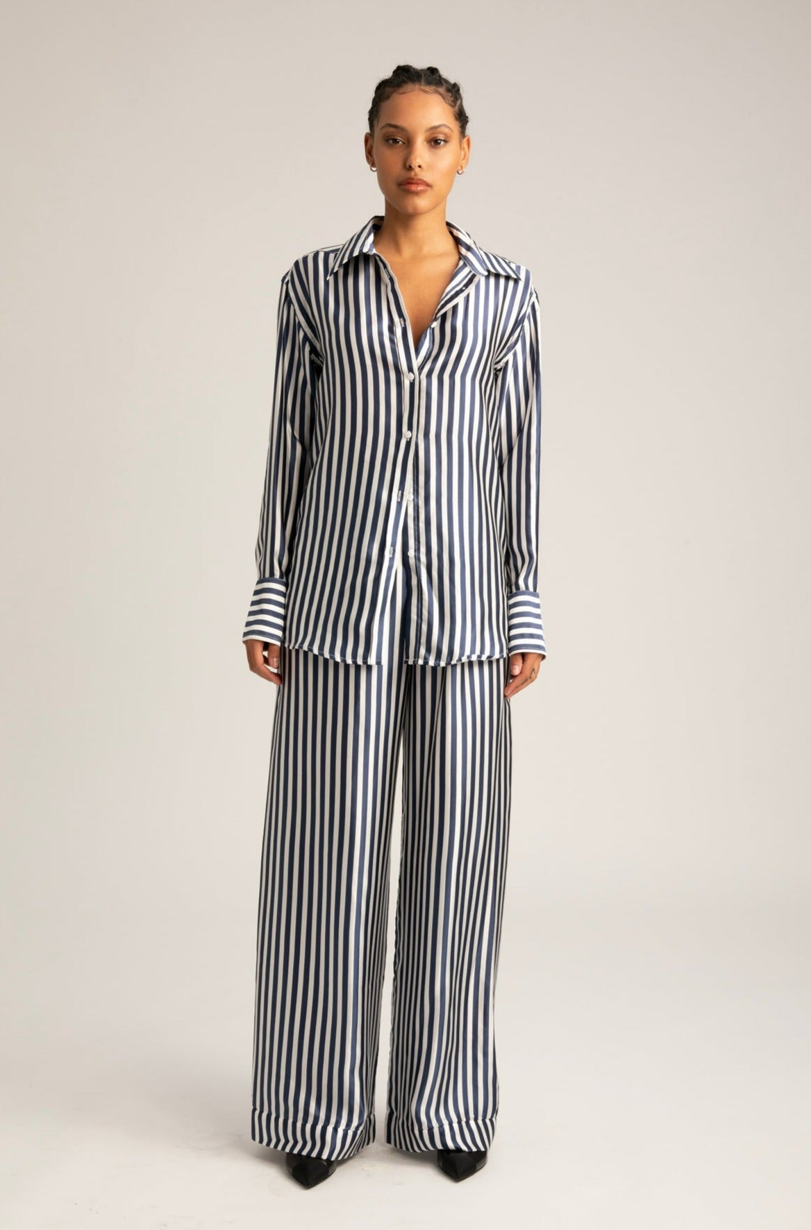 Navy Striped Silk Easy Pants