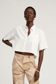 White Short Sleeve Cropped Button Down