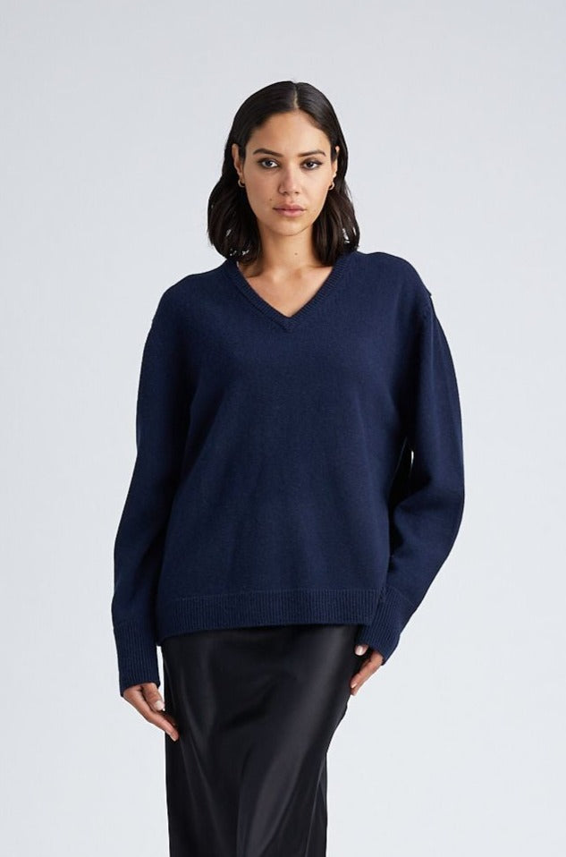 Navy Cashmere V-Neck Sweater