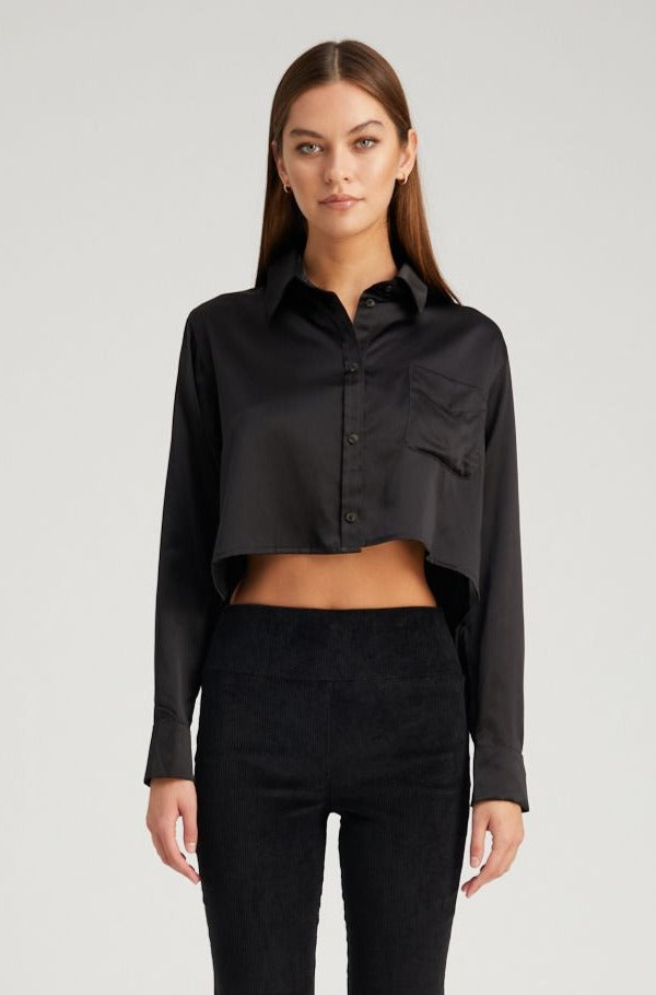 Black Silk Cropped Button Down