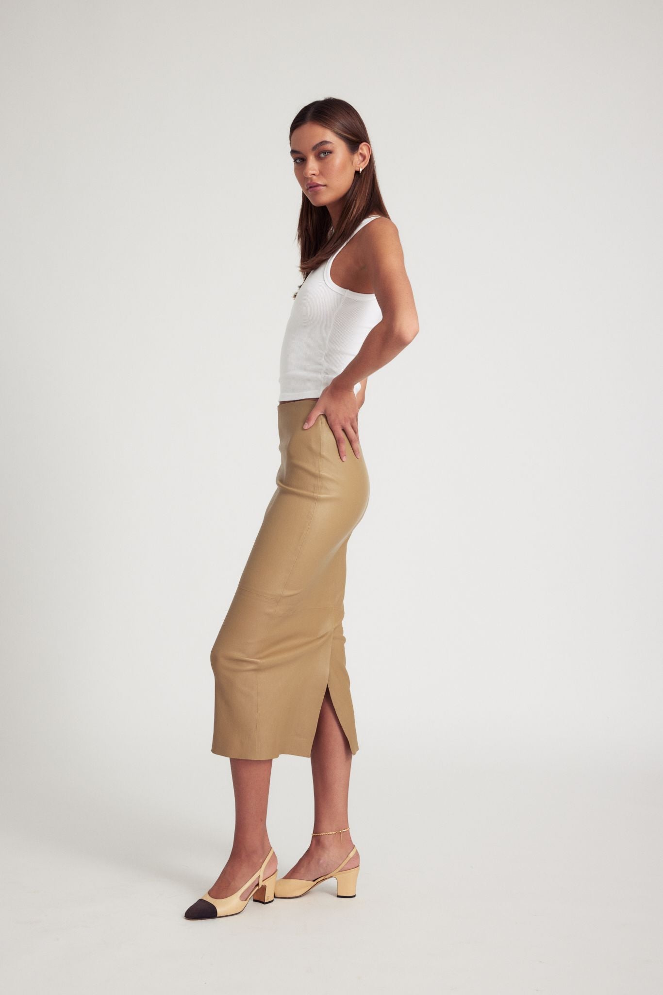 Khaki Leather Tube Skirt