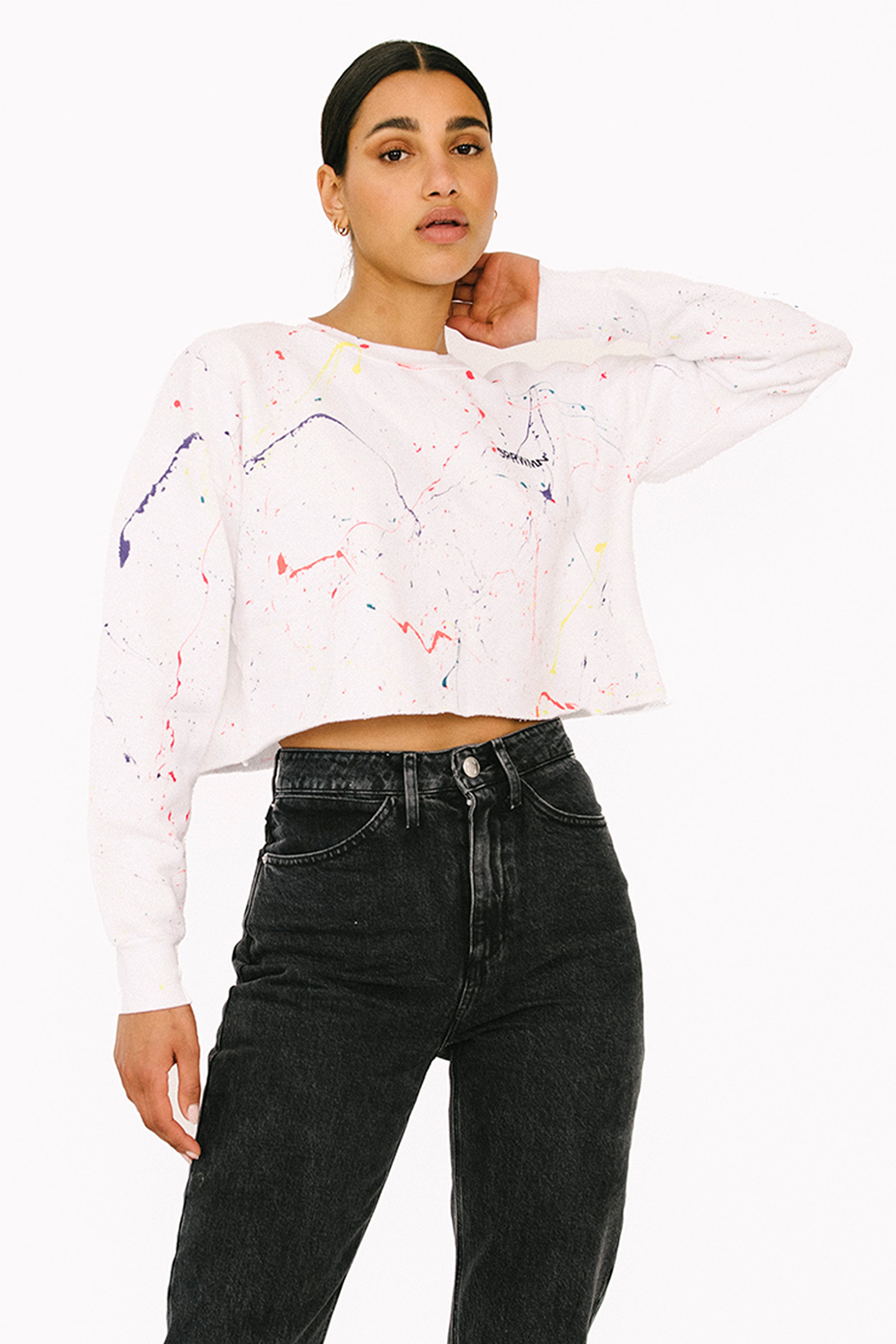White Paint Splatter Crop Sweatshirt