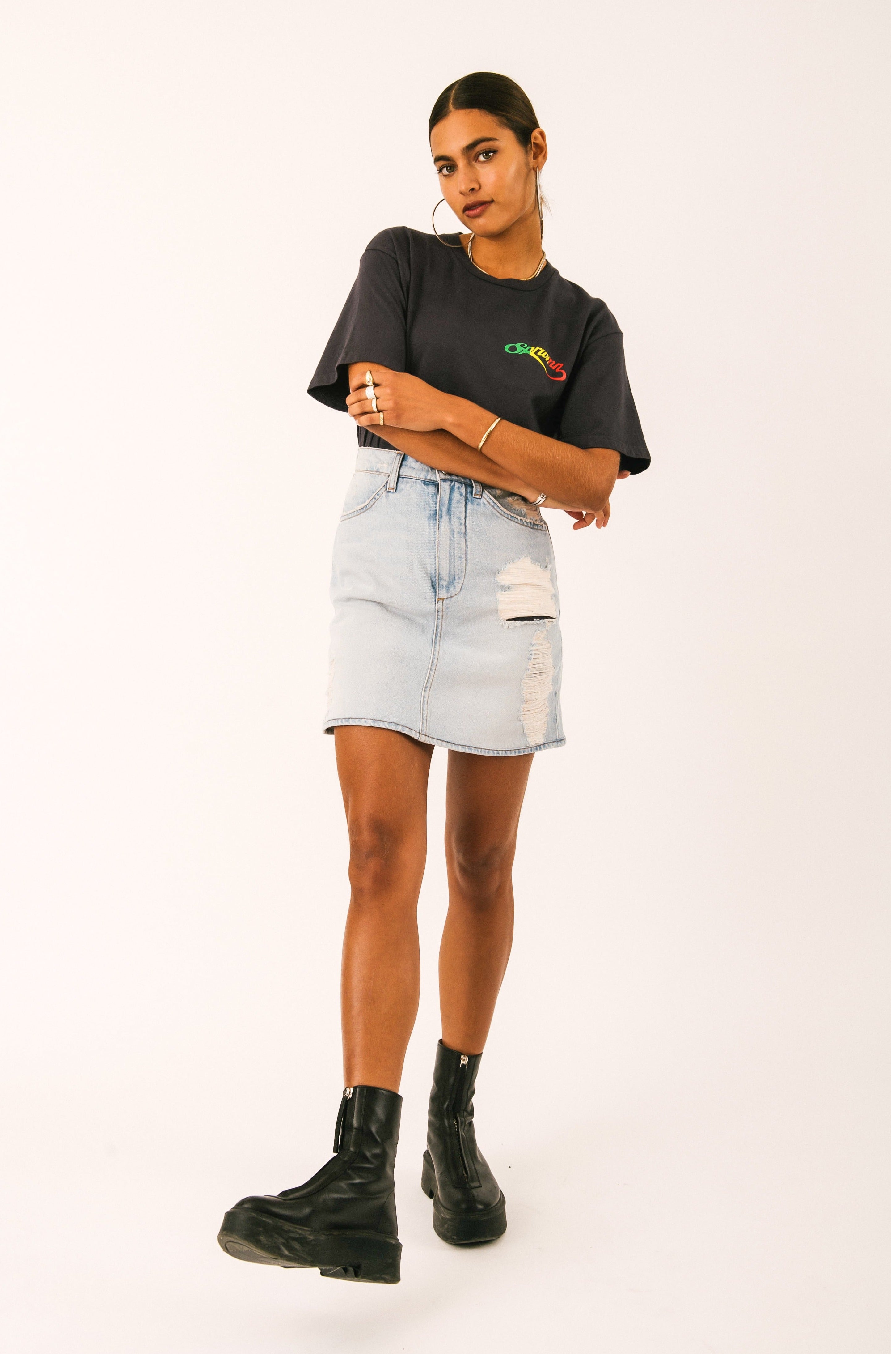 Faded Black Cotton Script Logo Tee