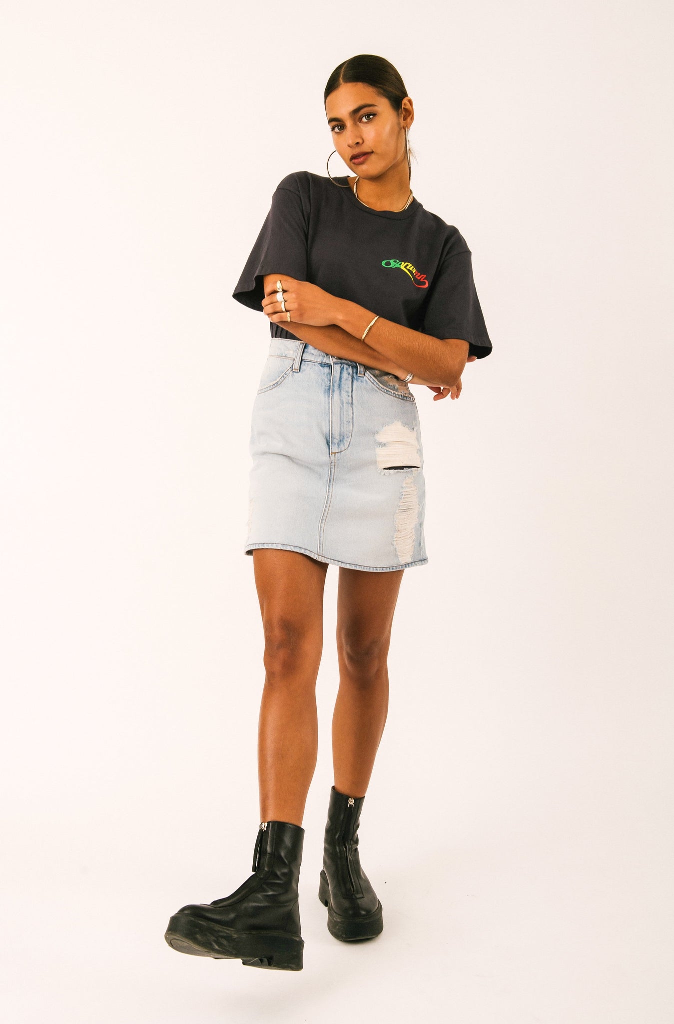 Faded Black Cotton Script Logo Tee