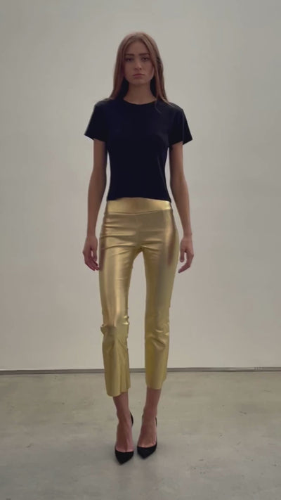 Metallic Gold Leather Crop Flare Leggings