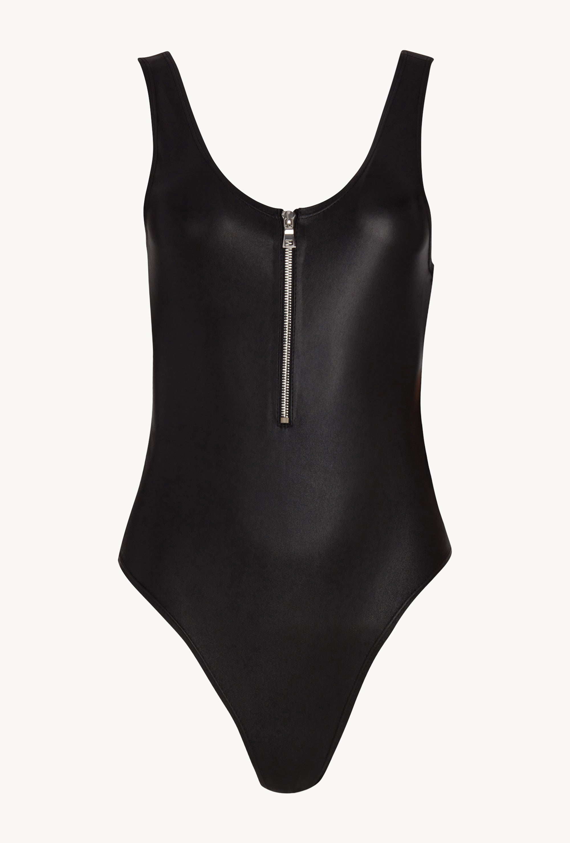 Black Leather Bodysuit with Zipper