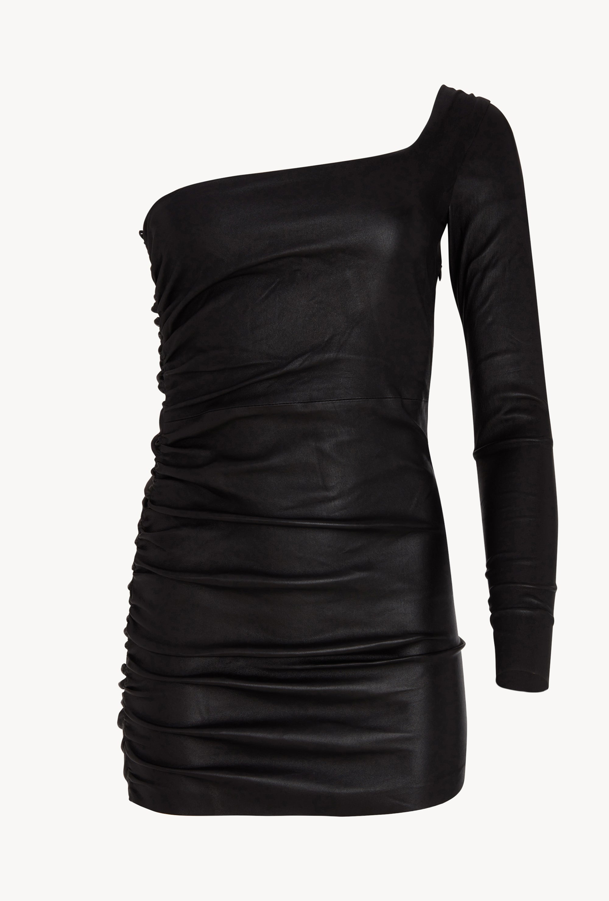 Black Leather One Shoulder Shirred Dress