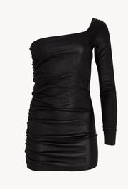 Black Leather One Shoulder Shirred Dress