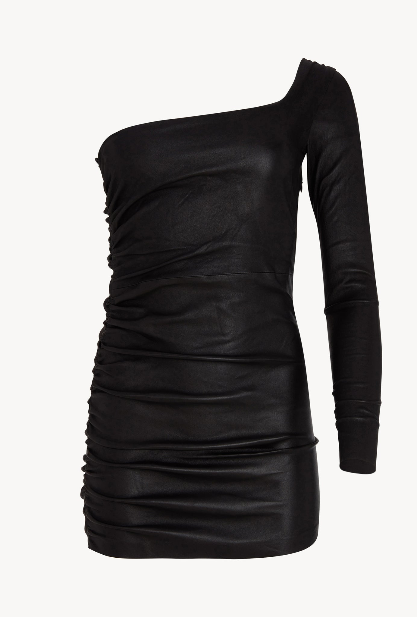 Black Leather One Shoulder Shirred Dress