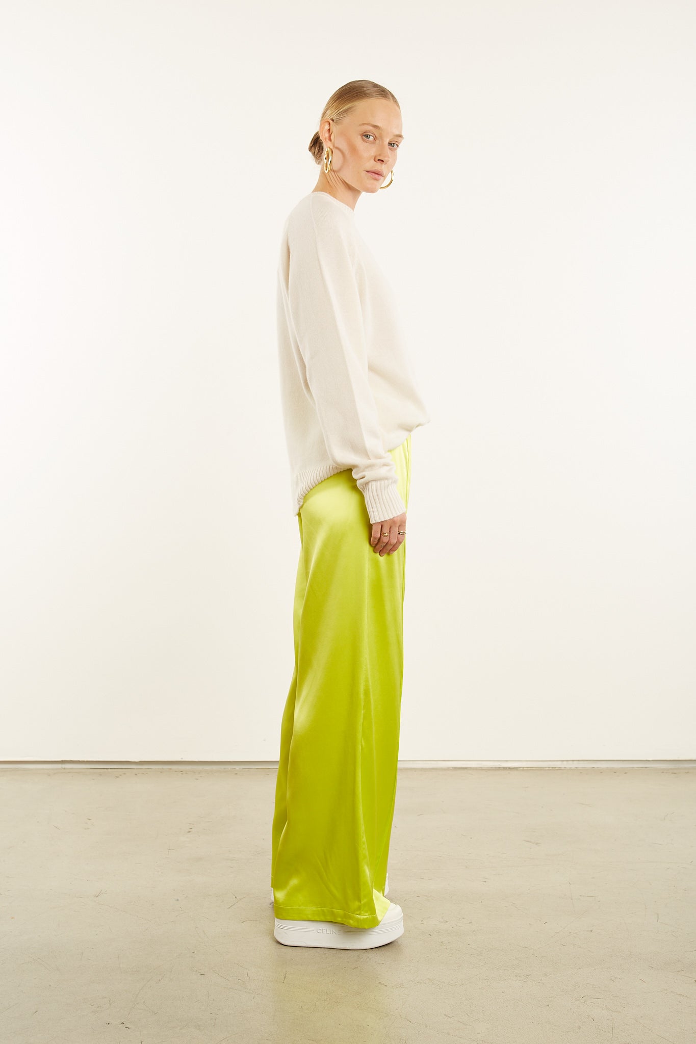 Electric Chartreuse Silk Wide Leg Pintuck Pants