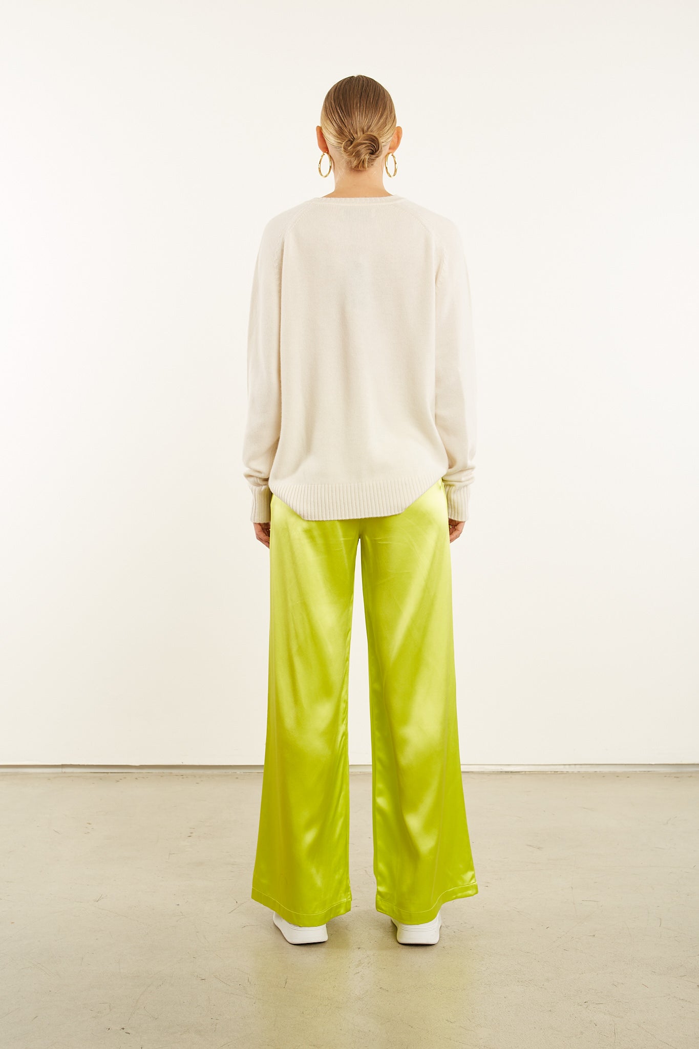 Electric Chartreuse Silk Wide Leg Pintuck Pants