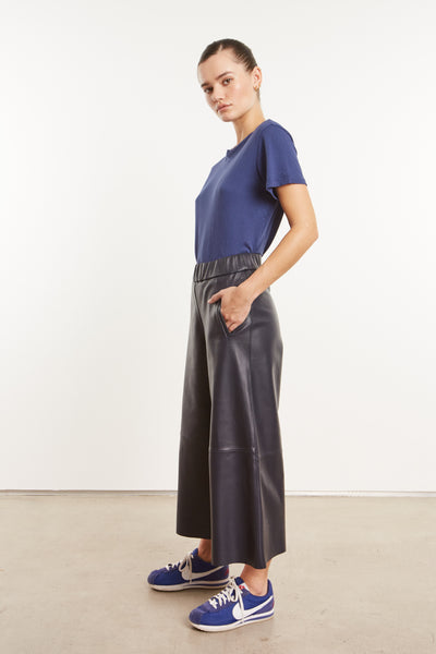 Navy Leather Culotte Pants