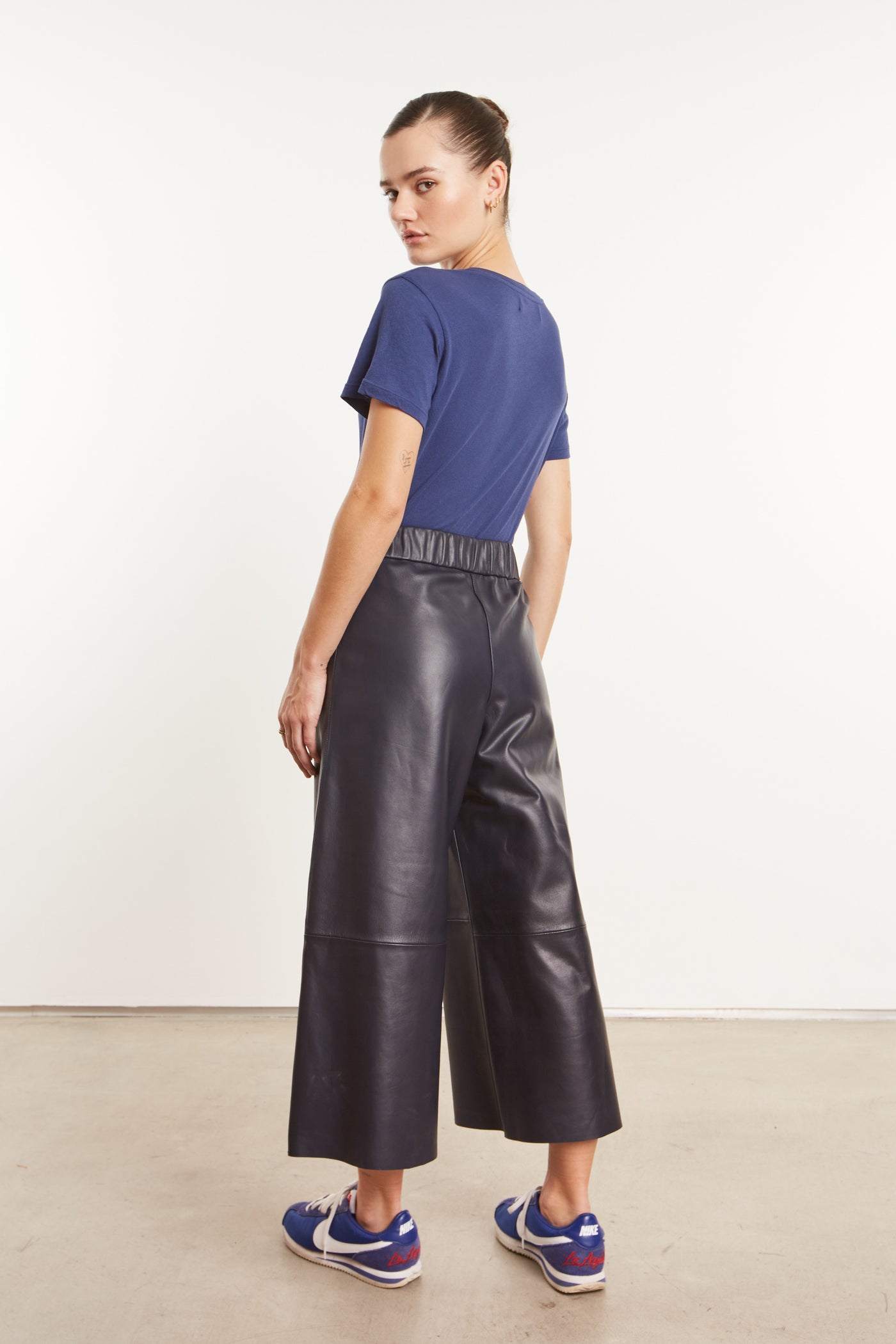 Navy Leather Culotte Pants