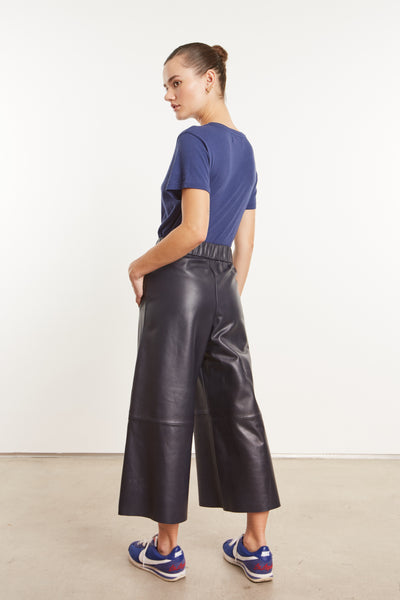 Navy Leather Culotte Pants