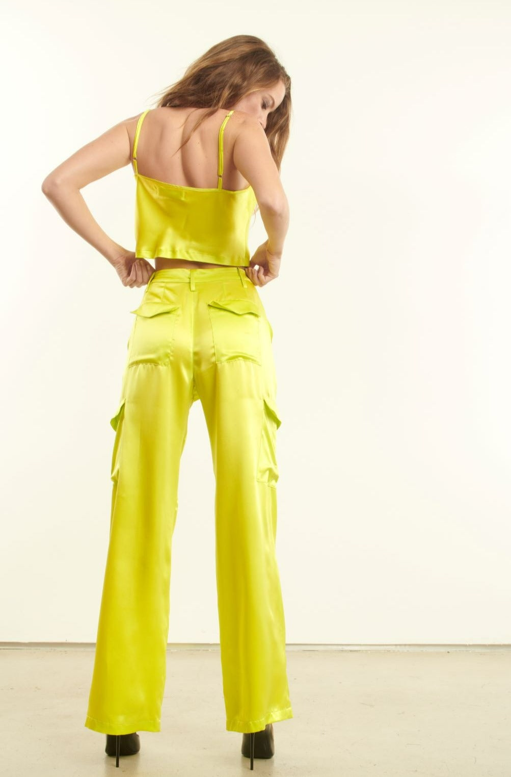 Chartreuse Silk Baggy Cargo Pants