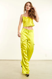 Chartreuse Silk Baggy Cargo Pants