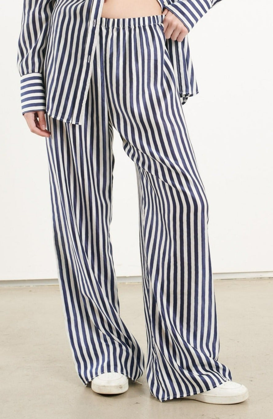 Navy Striped Silk Easy Pants