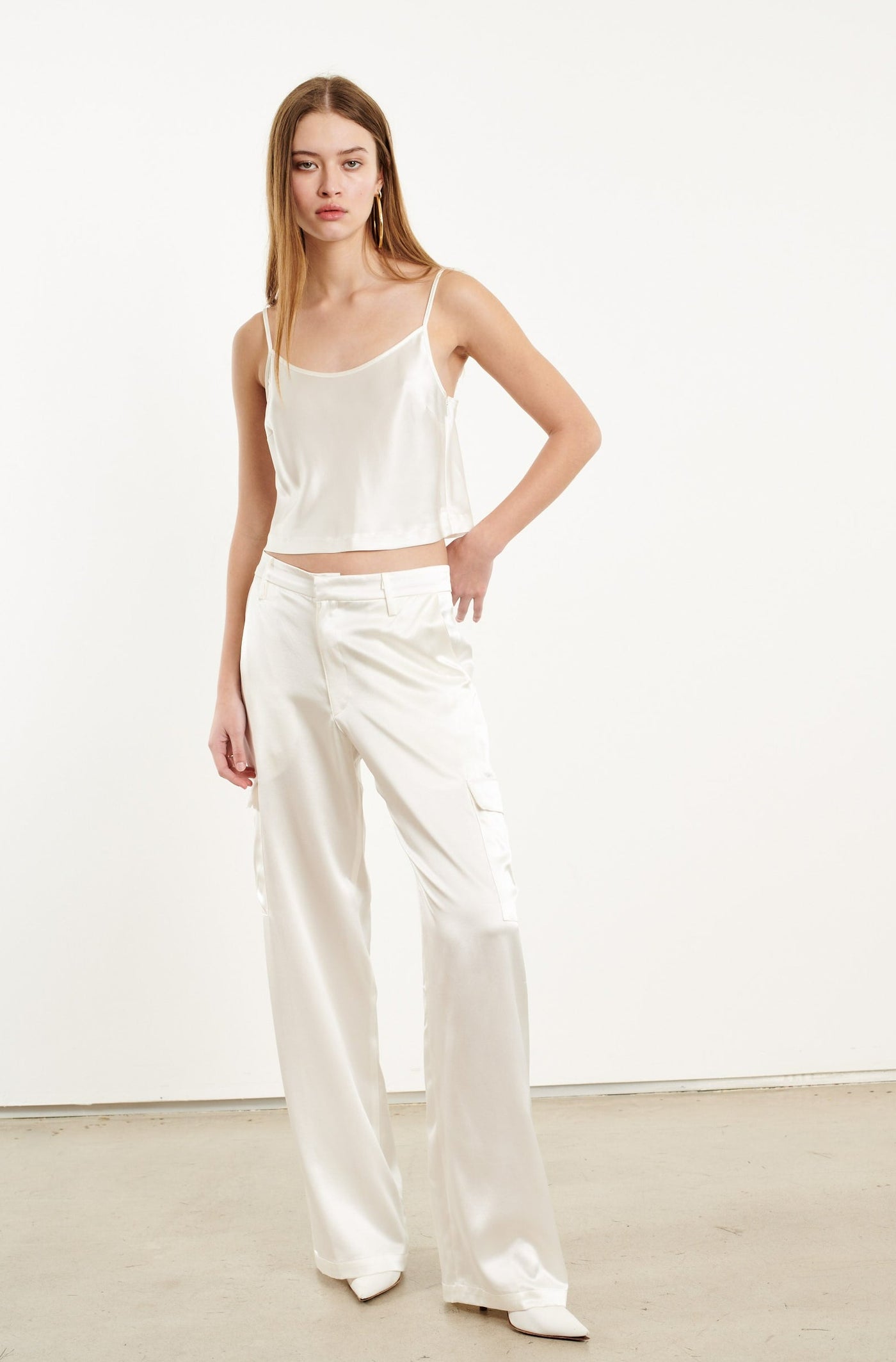 White Silk Baggy Cargo Pants