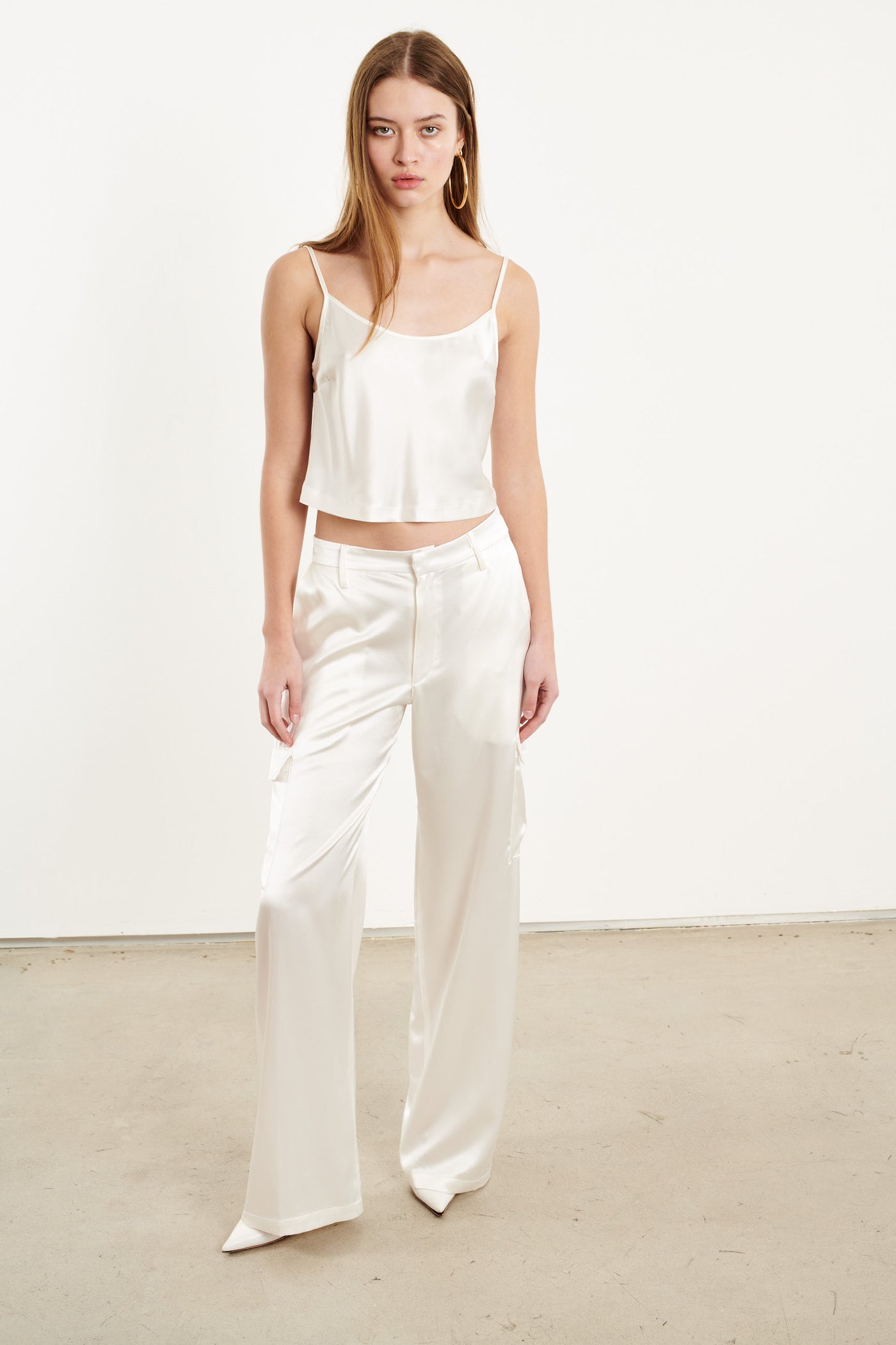 White Silk Baggy Cargo Pants