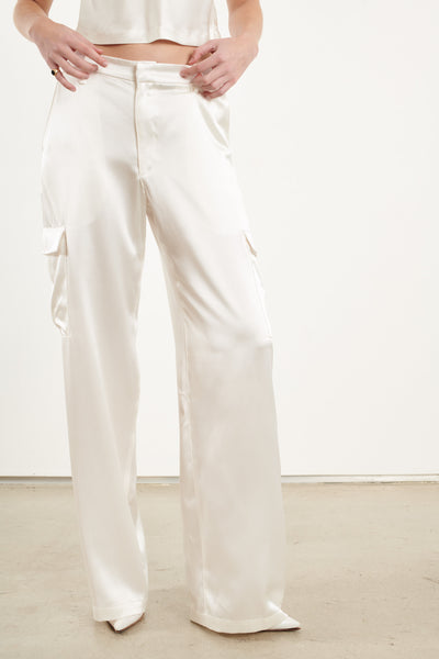 White Silk Baggy Cargo Pants