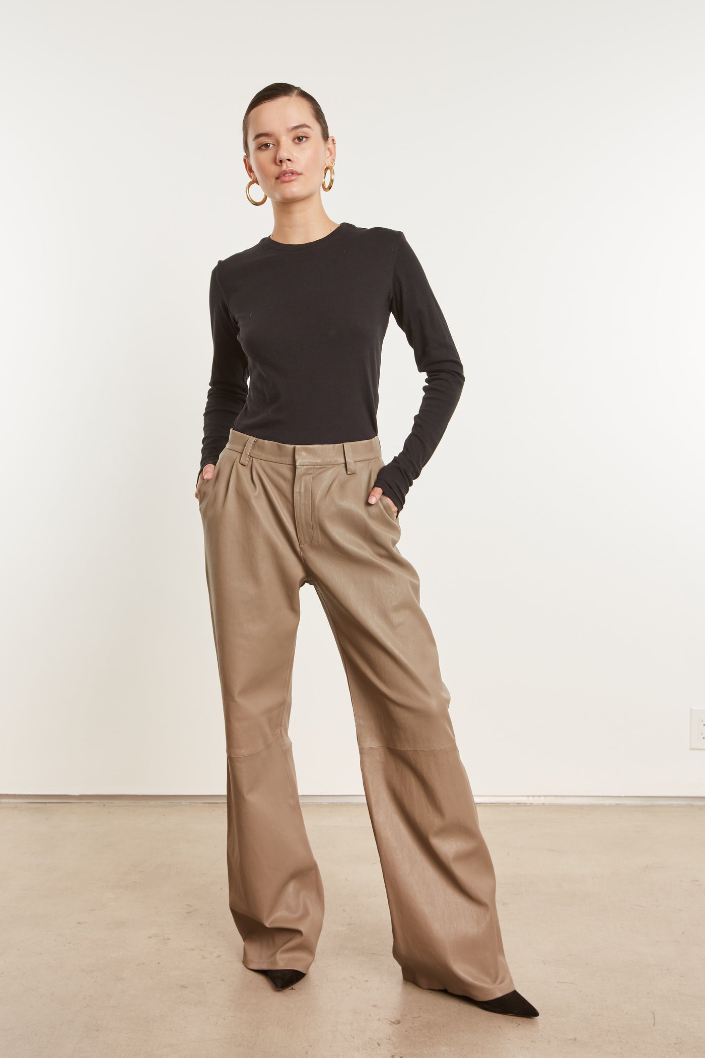 Mushroom Leather Straight Leg Pleated Trousers