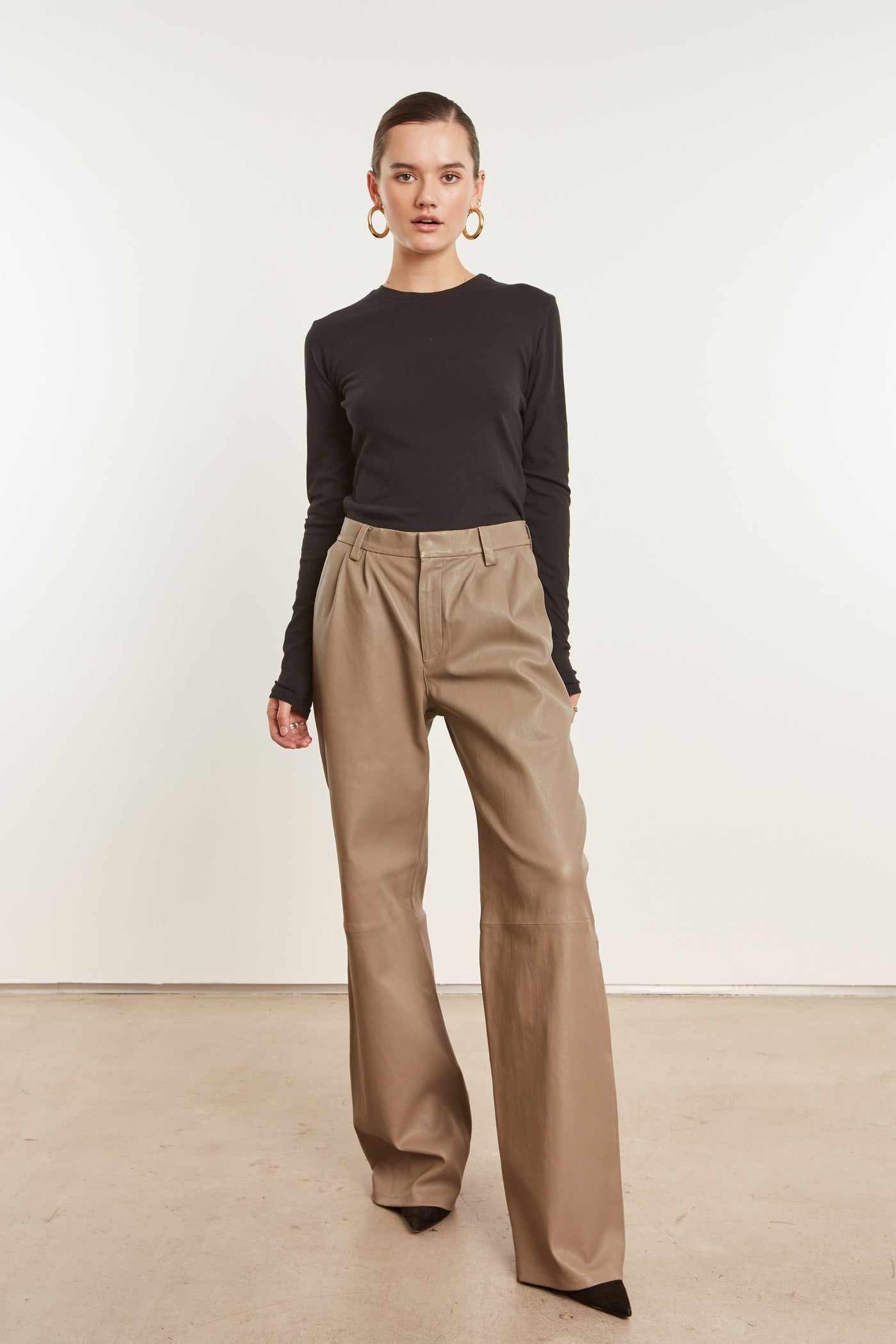 Mushroom Leather Straight Leg Pleated Trousers