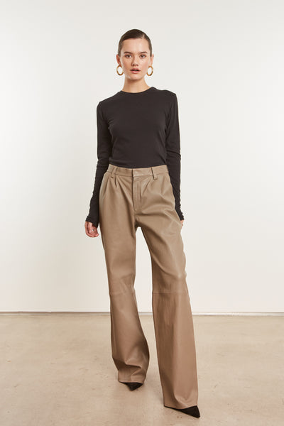 Mushroom Leather Straight Leg Pleated Trousers
