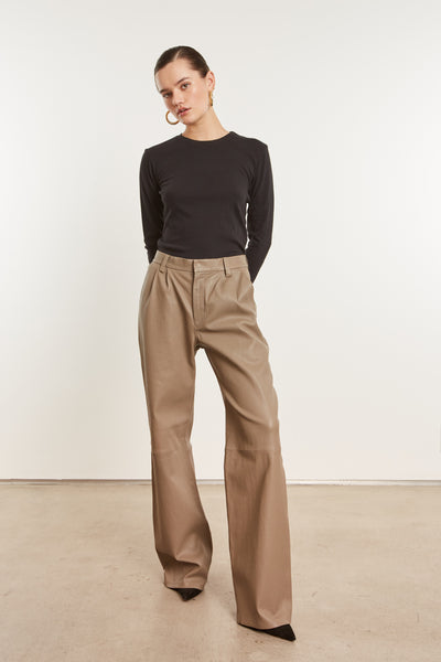 Mushroom Leather Straight Leg Pleated Trousers