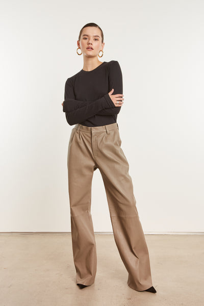 Mushroom Leather Straight Leg Pleated Trousers
