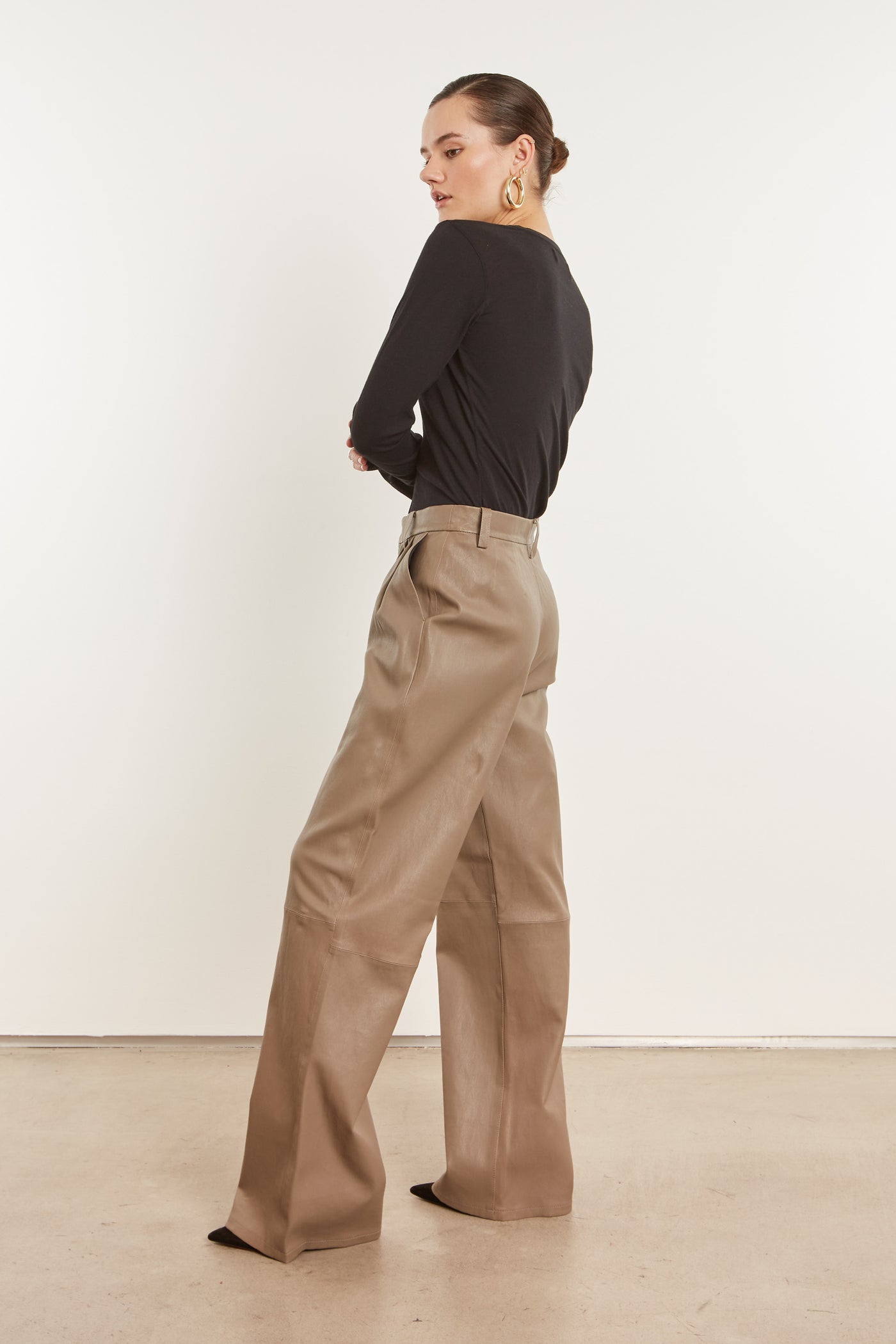 Mushroom Leather Straight Leg Pleated Trousers