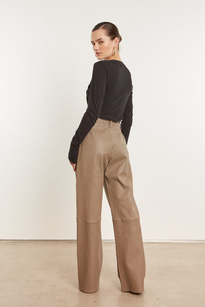 Mushroom Leather Straight Leg Pleated Trousers