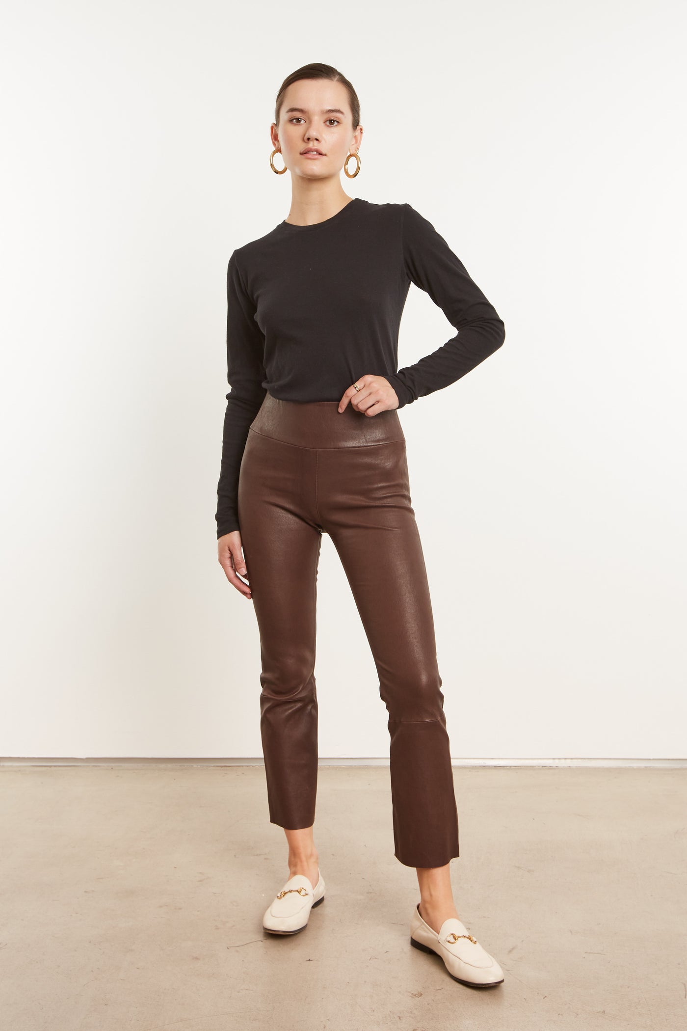 Dark Chocolate Leather Crop Flare Leggings