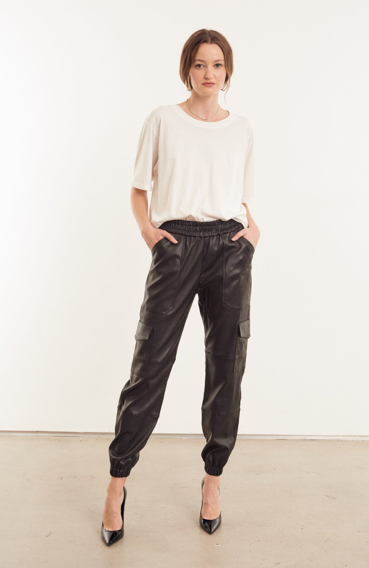 Black Leather Cargo Joggers