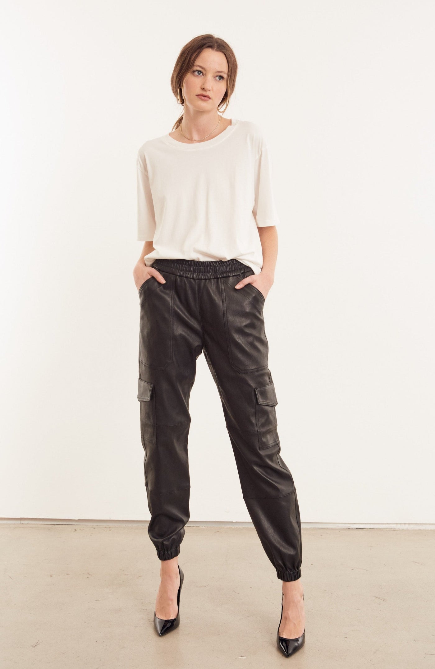 Black Leather Cargo Joggers
