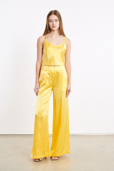 Yellow Silk Wide Leg Pintuck Pants